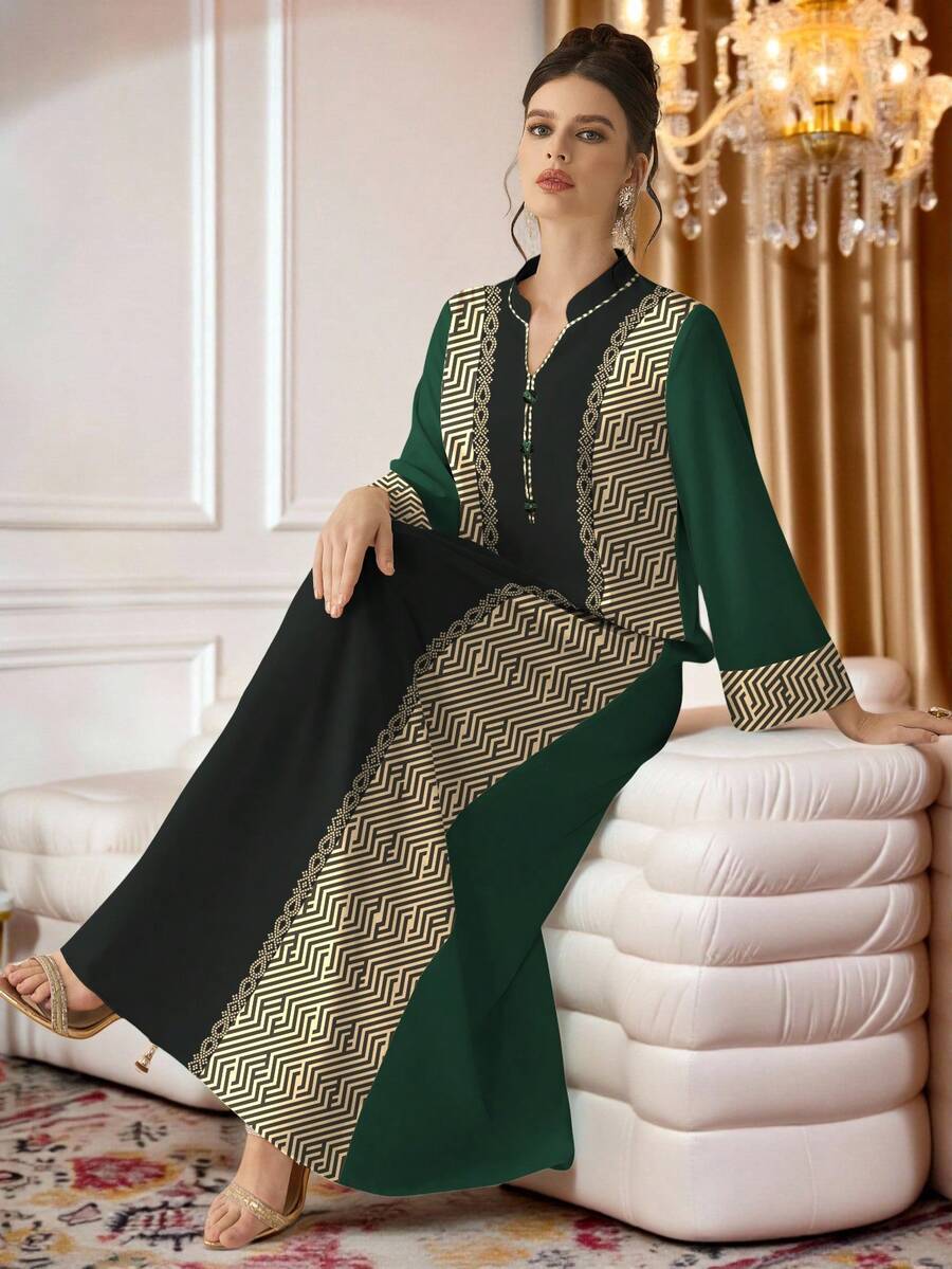 SHEIN Najma Women's Geometric Arrangement Digital Print Elegant V-Neck Long Sleeve Spring Arabic Style Dress Kaftan Jalabiya Dress - Multicolor - View 1