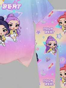 一套少女休闲时尚创意可爱动漫风扎染渐变韩流女团 NOVA BEAT 字母印花短袖T恤和打底裤套装，适合外出、聚会、运动和上学，春夏款 - 彩色 - 查看 5