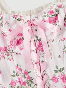 SHEIN MOD 复古花卉印花梦幻浪漫魅力连衣裙，配有束腰设计、荷叶边、蝴蝶结装饰和交叉系带——完美适用于约会、派对、节日、下午茶会和生日派对。 - 彩色 - 查看 4