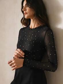 Anewsta Áo kiểu dáng thanh lịch màu nâu, cổ tròn, tay dài, chất liệu voan mỏng co giãn, đính ngọc trai, thích hợp cho mùa xuân/thu, tiệc Valentine, thích hợp mặc đi dự tiệc. - màu đen - Xem 1