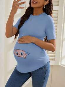 SHEIN Maternity Cartoon Print Round Neck Casual Short Sleeve T-Shirt - Blue - View 8