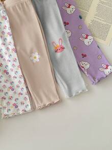 SHEIN Newborn Baby Girl Cute Casual Knitted Elastic Cartoon Pattern Drawstring Waist Pants (Sold Separately) - Multicolor - View 6