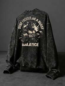 Sport MetroGents Men's Casual Crew Neck Gorilla Letter Graphic Long Sleeve Pullover Sweatshirt, Versatile For Daily Wear And Outings, Autumn/Winter - Black - View 1
