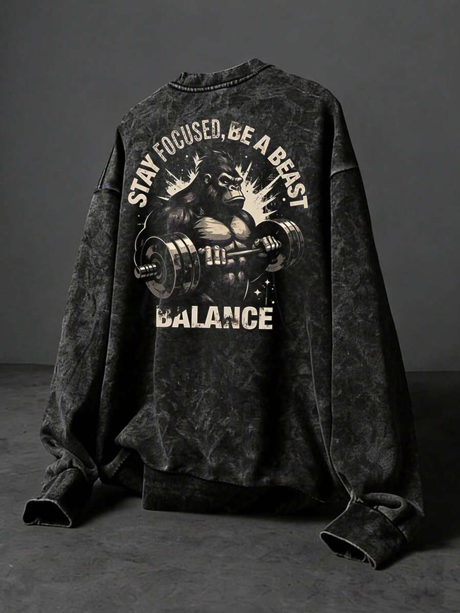 Sport MetroGents Men's Casual Crew Neck Gorilla Letter Graphic Long Sleeve Pullover Sweatshirt, Versatile For Daily Wear And Outings, Autumn/Winter - Black - View 1