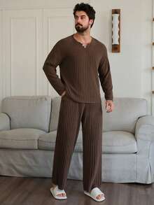 DAZY Brown T-Shirt With Men's Loungewear Set, Spring/Autumn - Coffee Brown - View 3