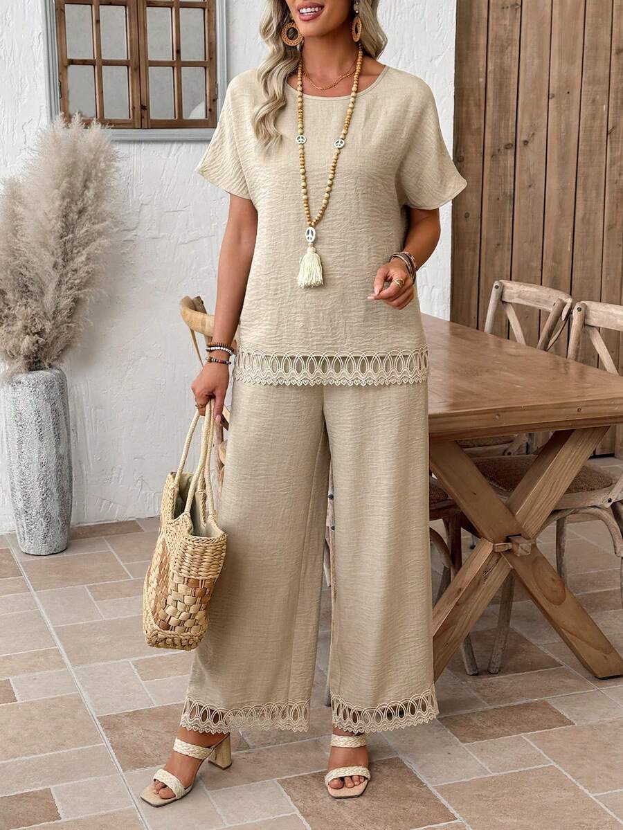 EMERY ROSE Women's Vacation Contrast Lace Round Neck Short Sleeve Shirt And Wide Leg Pants Casual 2 Pieces Set - Khaki - View 1