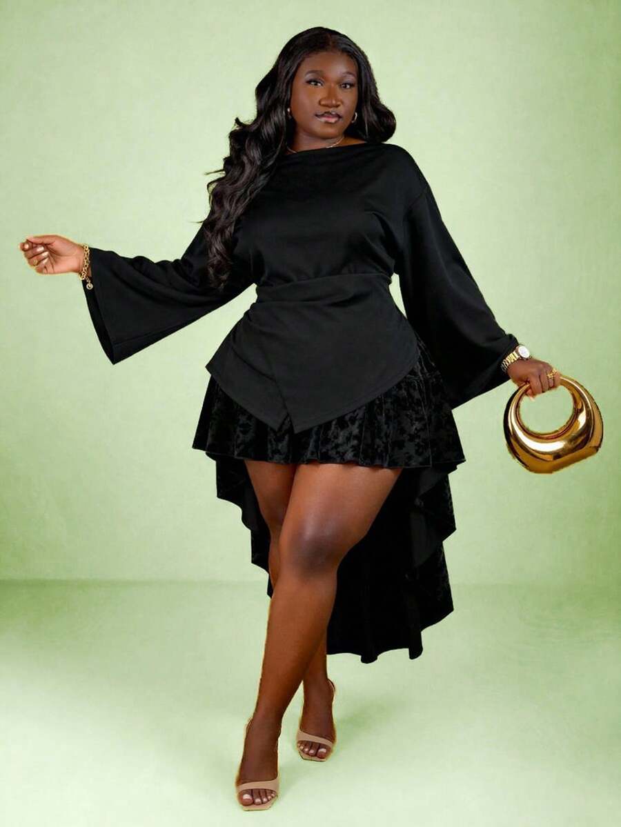 CurvyTilda Top de mode plissé à manches longues et col rond pour femmes grandes tailles en noir - Noir - Voir 1