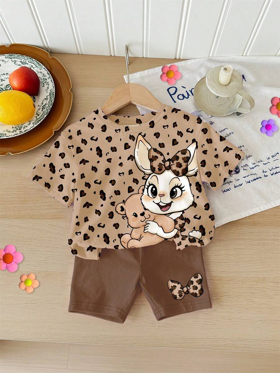 SHEIN 2pcs/Set Cute Rabbit & Leopard Print Top And Tight Shorts Set, Casual Loose Round Neck Short Sleeve T-Shirt And Leggings Outfit For Baby Girls, Suitable For Spring/Summer Daily Wear, Travel, Matching, Home, Vacation, Outdoor, Farm, Chill - Multicolor - View 1