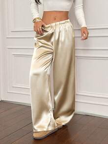 SHEIN PETITE Women's Low-Waist Casual Retro Satin Versatile Brown Marl Color Long Skirt - Khaki - View 5