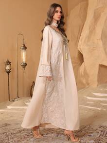 Al Najma Casual Loose Comfortable Jacquard Patchwork Solid Color Long Sleeve Women Turkish Tunic & Arabic Traditional Robe Kaftan Jalabiya Dress - Apricot - View 7