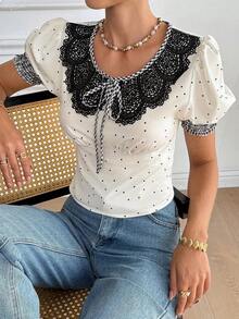 SHEIN Frenchy Women's Elegant Black White Polka Dot Summer Blouse,French Retro Peter Pan Collar Bow Tie Puff Sleeve Top,Brunch Vacation Casual Lace Gingham Trim - Multicolor - View 7