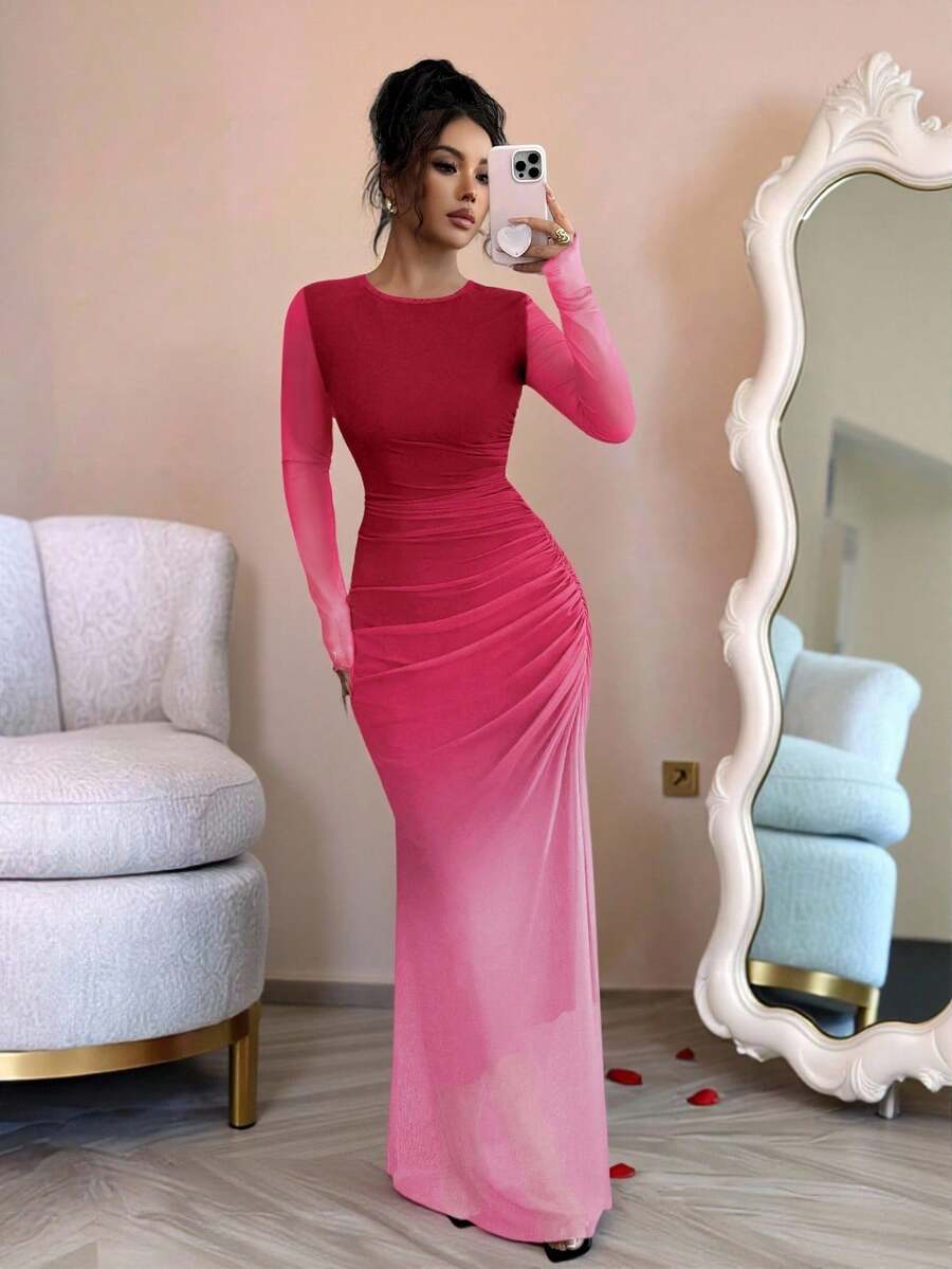 Rafferiza Đầm ôm sát dài tay bằng vải lưới xuyên thấu, kiểu ombre, xếp ly, thích hợp mặc hàng ngày đi biển, ở nhà, công sở. - Đỏ - Xem 1