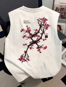 Manfinity Dauomo Men's Casual Letter & Cherry Blossom Print Round Neck Tank Top, Summer - White - View 3