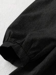 Rusticease 女士黑色梭织面料A字连衣裙，连帽领口，纽扣细节，长袖，及膝长度，休闲喇叭下摆短款连衣裙，黑色夏季女装 - 黑色 - 查看 4