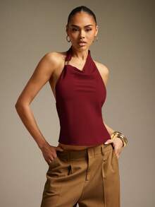 Hauture Sexy Summer Casual Asymmetrical Neck Backless Cowl Top - Burgundy - View 3