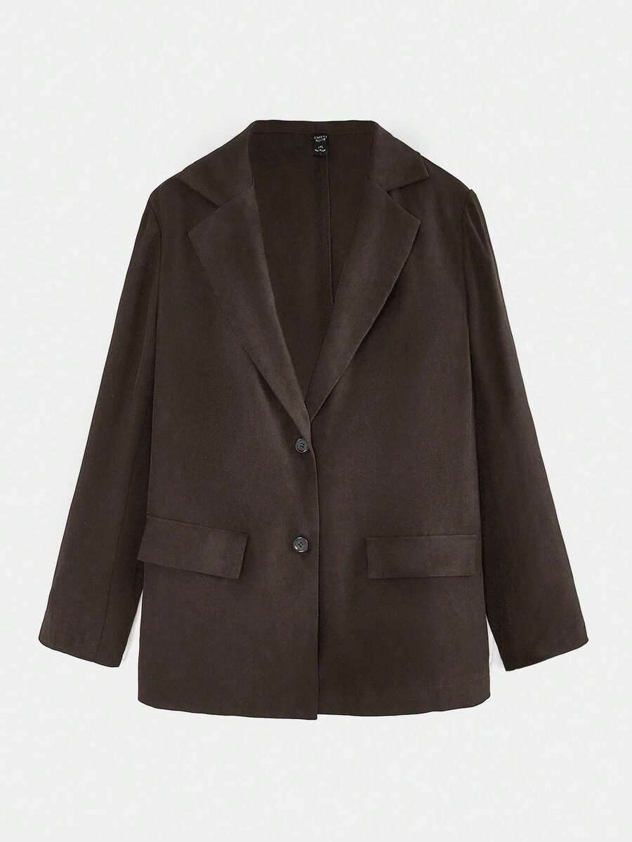 SHEIN EZwear 大码休闲通勤单排扣缺口翻领西装外套,秋季棕色西装外套女士女士西装外套女士 - 棕色 - 查看 1