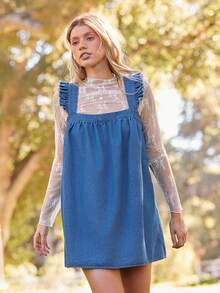 WESTFADE Square Neck Ruffle Flutter Sleeve Bow Tie Back Loose Fit Chambray Denim Mini Dress Winter, Spring, Resort, Casual, Cute, Boho, Cowgirl, Western Wear For Women, Nashville