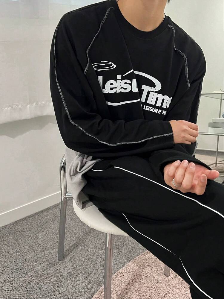 Men's Letter Print Patchwork Contrast Color Black T-Shirt Set, Spring/Autumn