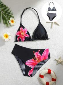 Bộ bikini in hoa dành cho thiếu nữ, thời trang và thanh lịch, thích hợp cho bơi lội, bãi biển, kỳ nghỉ hè, lễ hội Giáng sinh, năm mới, lễ tình nhân. Đồ bơi hai mảnh màu đen dành cho thiếu nữ 14 tuổi, đồ bơi hai mảnh cho thiếu nữ, bộ bikini hoa màu đen hồng dành cho thiếu nữ, bộ bikini hoa màu đen hồng dành cho thiếu nữ, bộ bikini hoa màu đen dành cho thiếu nữ, đồ bơi màu đen dành cho thiếu nữ, bộ bikini hoa dâm bụt màu đen dành cho thiếu nữ, bộ bikini màu đen dành cho thiếu nữ. - màu đen - Xem 5
