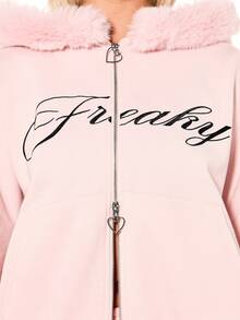 SUMWON WOMEN Áo hoodie dáng rộng màu hồng với mũ viền lông giả, trang phục mặc nhà ấm áp cho mùa đông, thích hợp cho ngày Valentine. - Hồng - Xem 6