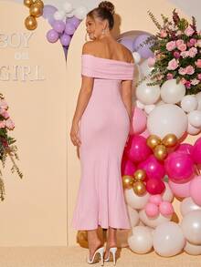 Loomaby 优雅派对露肩蝴蝶结装饰鱼尾孕妇裙 - 粉色 - 查看 2