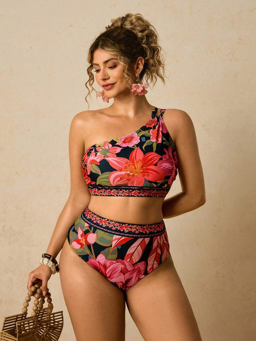 Travachic Bộ bikini cỡ lớn in họa tiết nhiệt đới, khoét eo, kiểu cổ yếm, thích hợp cho kỳ nghỉ hè trên bãi biển. - màu đen - Xem 1