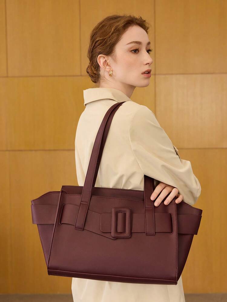 WOMEN'S MINIMALIST FASHION TOTE BAG WITH SIMPLE STRAP DECORATION, SUITABLE FOR COMMUTING SHOPPING, BURGUNDY RED