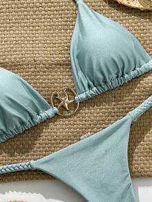Swim Chiccia Women's Solid Color Spaghetti Strap Metal Decor Thong Bikini 2-Piece Swimwear Set, Summer Beach Holiday - Cadet Blue - View 7