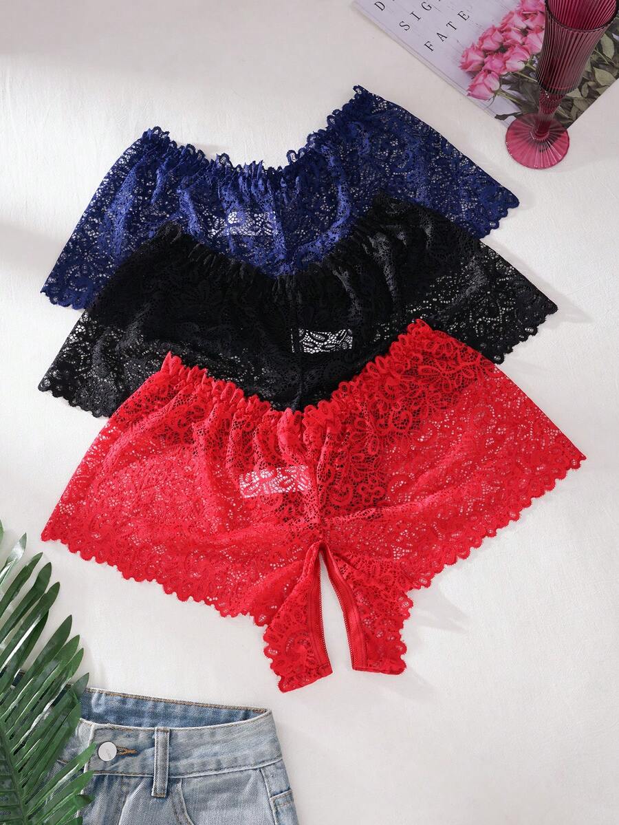 Seduluxe 3pcs/Set Plus Size Lace Sexy Open Crotch Panties - Multicolor - View 1