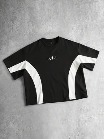 T-shirt casual da uomo a maniche corte con collo rotondo, ricamo a stelle a contrasto di colore, estiva