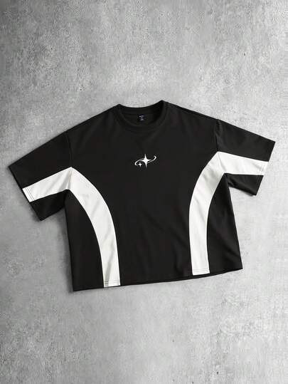 Men's Casual Contrast Color Star Embroidery Round Neck Short Sleeve T-Shirt, Summer