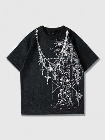 T-shirt à manches courtes décontracté et pour hommes, imprimé squelette et croix, lavé, convient pour l'été