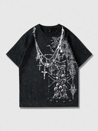 T-shirt à manches courtes décontracté et pour hommes, imprimé squelette et croix, lavé, convient pour l'été