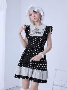 ROMWE EDITION 可爱波点 Y2K 宝贝字母刺绣彼得潘领女装 - 黑色 - 查看 6