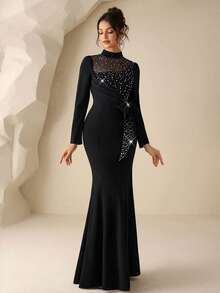 Coutiva Women's Mandarin Collar Rhinestone 3D Bow Decor Pleated Elegant Formal Mermaid Evening Dress Elegant Black Dresses For Women Long Sleeve Elegant Dress Rhinestone Dress Luxury Dress For Women Diamond Dress - Black - View 5