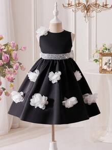 SHEIN Young Girl Black Summer Traditional Wedding Dress,Woven 3D Floral Round Neck Sleeveless Party Dress With White Bow,Tween Formal Princess Flower Girl - Black and White - View 5