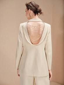 Arave 女士编织露背手工镶钻肩部西装外套，现代派对装，圣诞节 - 杏色 - 查看 3