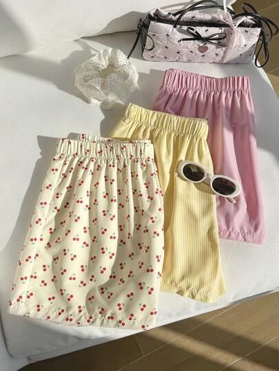 Comfortcana 3pcs/Set Plus Size Casual Solid, Striped, Fruit Print Comfortable Shorts, Spring/Summer