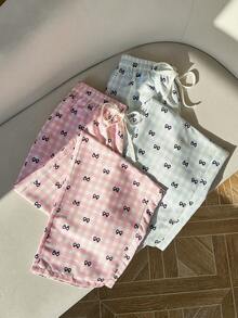 Dream Adore 2pcs Women Drawstring Waist Casual Plaid Bow Print Elastic Waist Straight Leg Lounge Pants Set - Multicolor - View 5