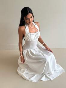 Aloruh Robe de plage, de vacances ou de rendez-vous élégante pour femmes, en tissu texturé blanc, avec un col ras-du-cou froncé et une taille attachée - Blanc - Voir 5