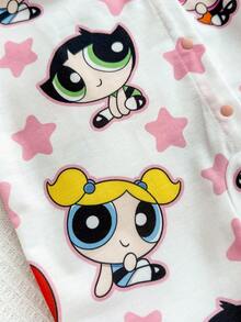 THE POWERPUFF GIRLS X SHEIN Baby Girl Cute Cartoon & Star Print Long Sleeve Jumpsuit, Autumn - White - View 6