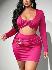 Almamuse Plus Size Solid Color Round Neck Regular Shoulder Long Sleeve Cropped Top With Metal Ring Decor And Mini Skirt 2-Piece Set - Hot Pink - View 5