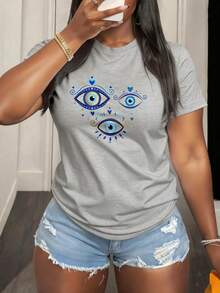 Camiseta de Manga Corta  con Estampado de Ojos Azules y Corazones para Mujer Estilo Casual Verano - Gris - Ver 1