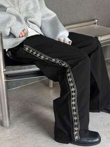 DAZY Men's Pants With Side Seam, Geometric Embroidery Pattern, Elastic Waist, Suitable For Spring And Autumn - Black - View 4