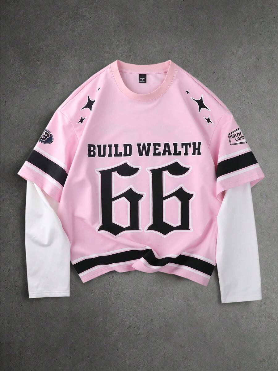 PAVTROS Tricou bărbătesc cu guler rotund 2 în 1, cu imprimeu numeric la modă - Roz - Vizualizare 1