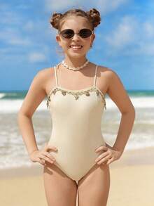 SHEIN Tween Girls One-Piece Swimsuit With Textured Fabric, Ruffle Skirt, Suitable For Beach, Pool, Leisure & Holiday, Spring/Summer Summer Seashell Bathing Suit Swimsuit With Skirt One Piece Bathing Suit With Skirt Swimsuits With Cover Up Modest Swimsuit Summer Vacation Thermal Christmas Holiday Festival New Years Valentines Swim Summer Swimsuit High Waist Swimsuit Set Teen Girl Matching Bathing Suits With Seashells One Piece Swimsuit Seashell Swimsuit