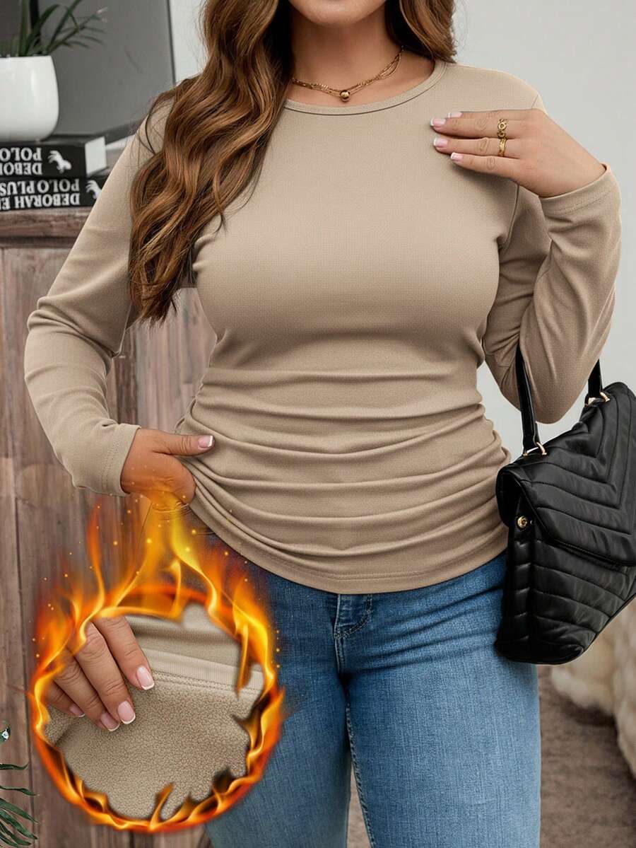 SHEIN LUNE Plus Size Khaki Ruched Long Sleeve T-Shirt Casual Round Neck Knitted Top Regular Length - Khaki - View 1