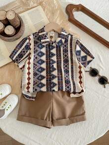 LMoss Kids 2件套男童休闲柔软复古印花衬衫和纯色短裤套装 - 彩色 - 查看 7