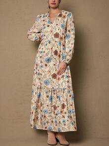 SHEIN LUNE 大码女士秋冬飘逸舒适修身印花长袖连衣裙，V领设计，适合冬季穿着，也可作为万圣节服装、娃娃款长裙、休闲外出服、教师装等。 - 彩色 - 查看 1