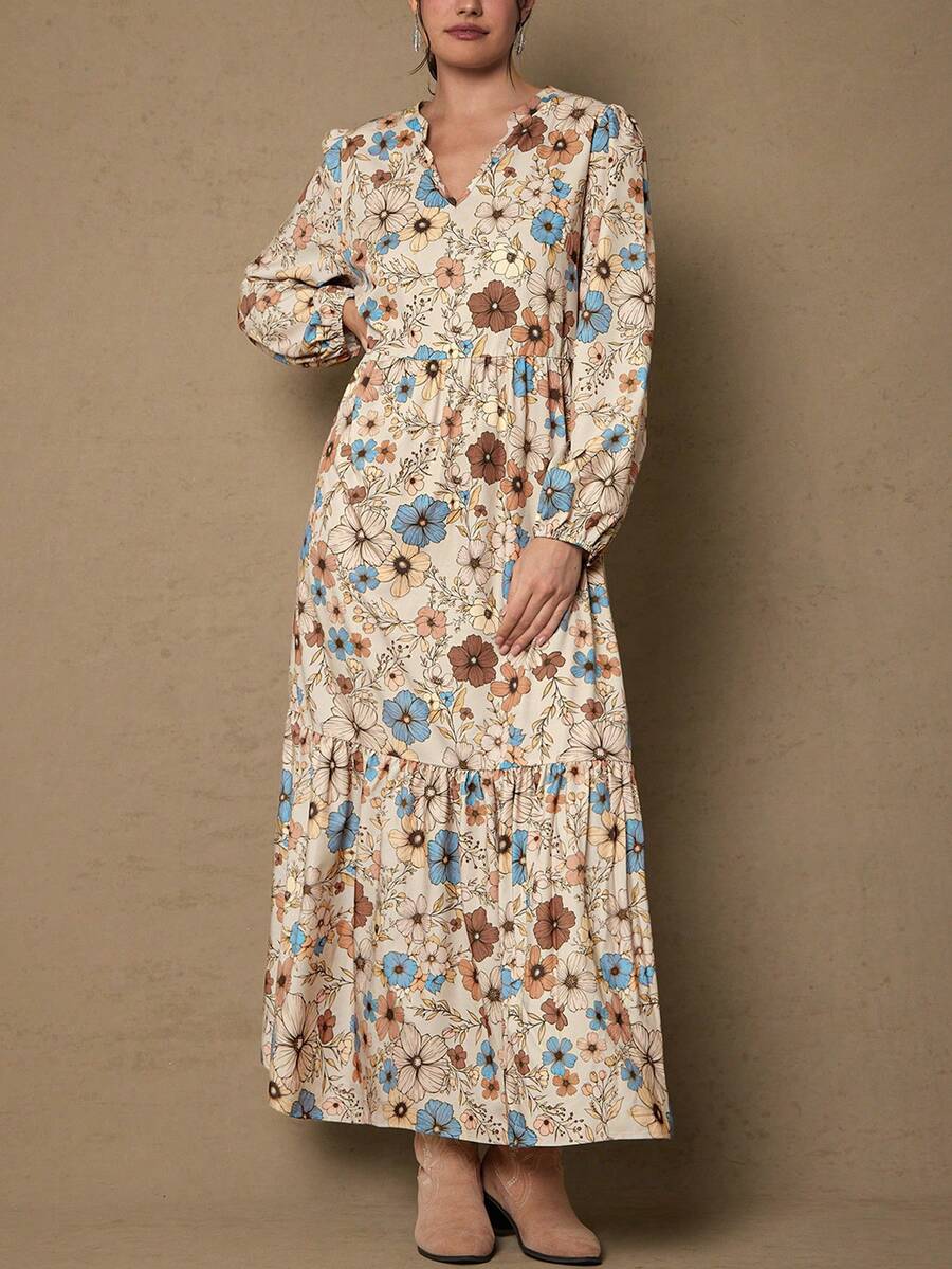 SHEIN LUNE 大码女士秋冬飘逸舒适修身印花长袖连衣裙,V领设计,适合冬季穿着,也可作为万圣节服装、娃娃款长裙、休闲外出服、教师装等。 - 彩色 - 查看 1